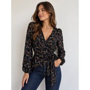 LOFT Womens Black Floral Wrap Blouse Long Sleeve V-Neck Tie Waist Top Large